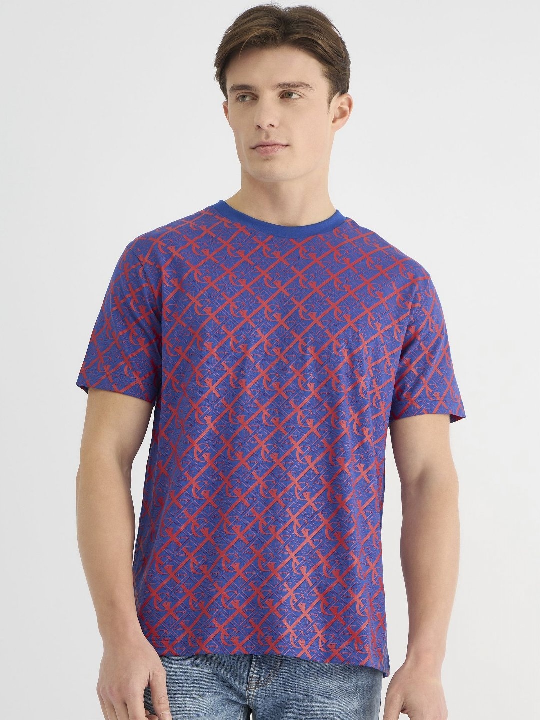 

GANT Men Round Neck Monogram Geometric Pure Cotton T-Shirt, Blue