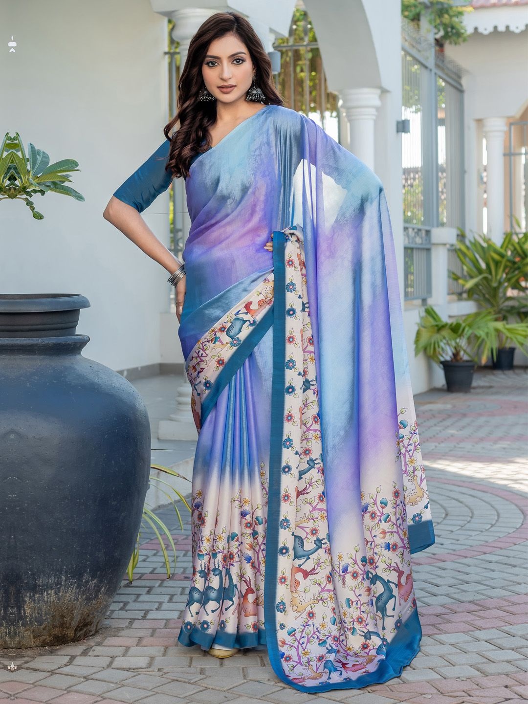 

Mitera Kalamkari Satin Muga Saree, Blue