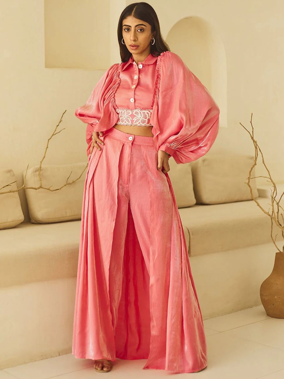 

HOUSE OF FETT Embroidered Top With Trousers Co-Ords, Pink