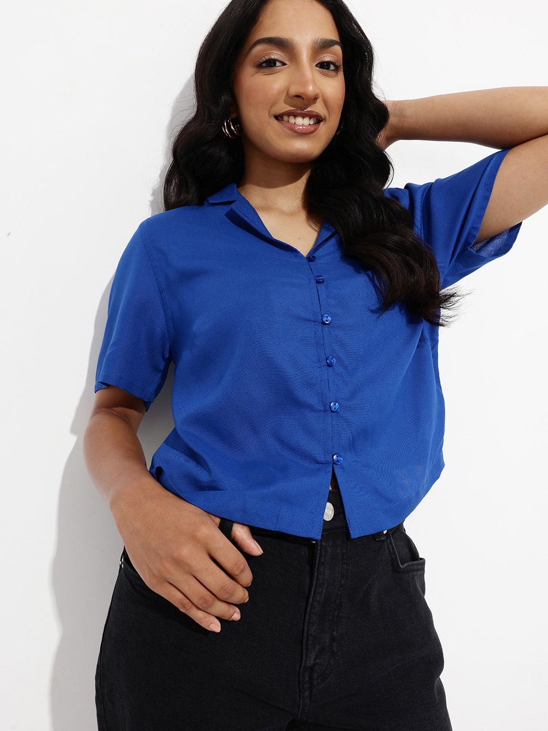

DressBerry Square-Cut Boxy Crop Shirt, Blue