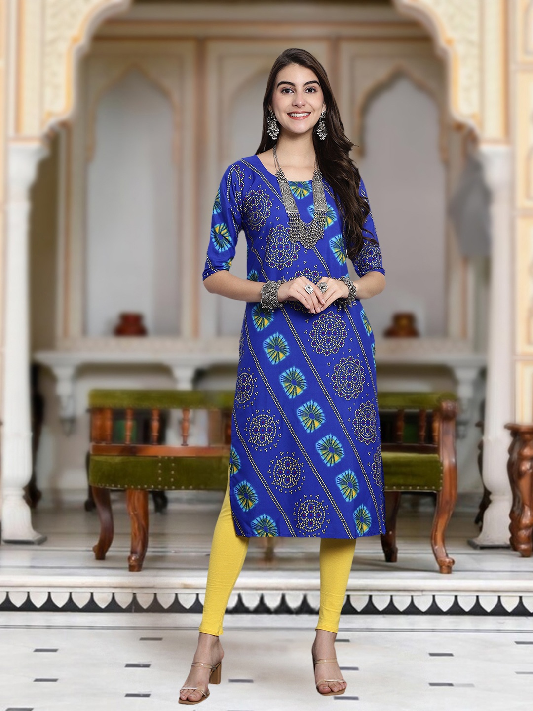 

Moda Rapido Floral Printed Round Neck Straight Kurta, Blue
