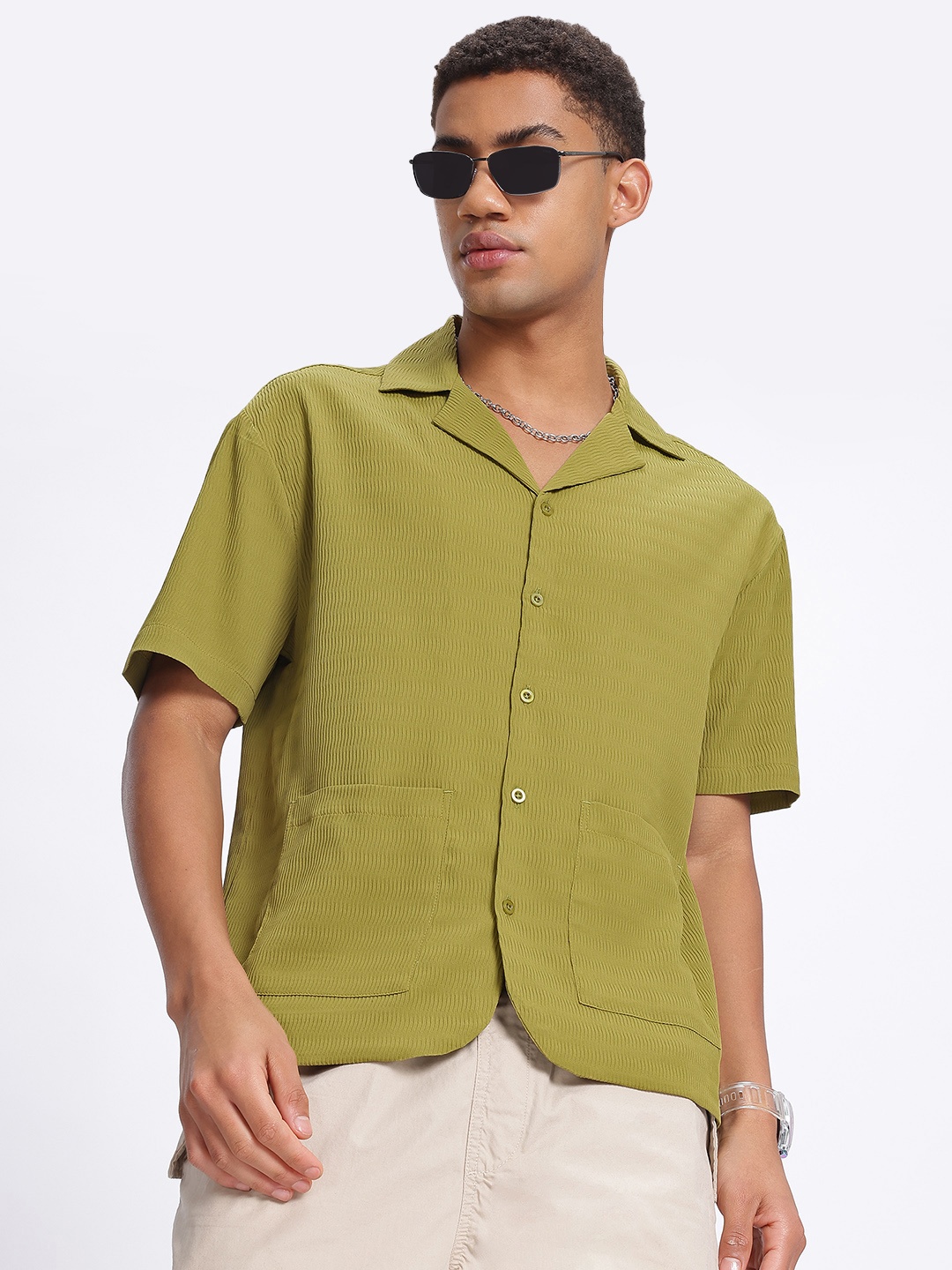 

glitchez Crumple Chic Crinkled Oversized Shirt, Green