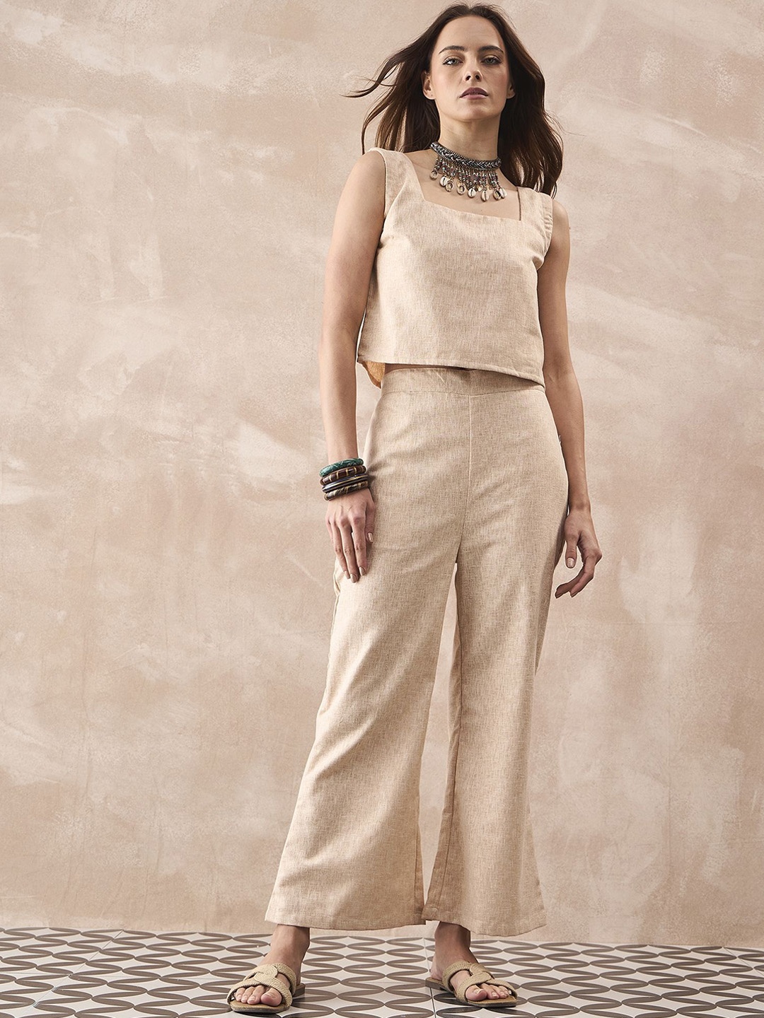 

InWeave Square Neck Linen Top With Trouser, Beige