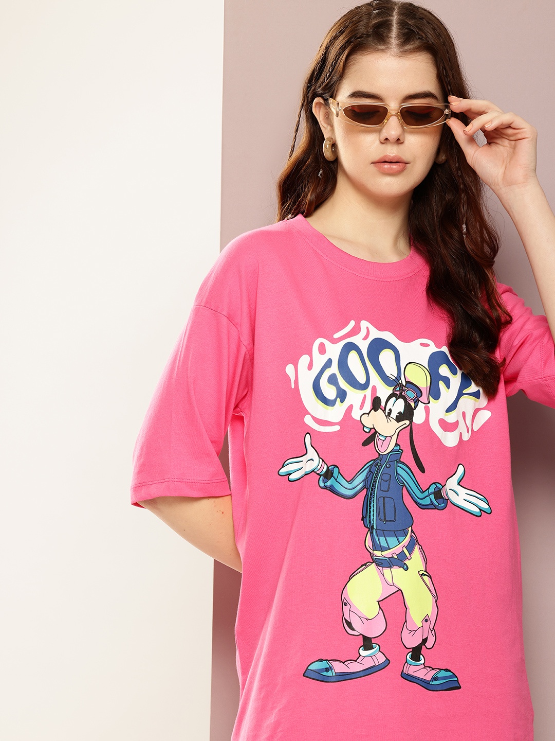 

Kook N Keech Disney Goofy Printed Drop-Shoulder Sleeves Pure Cotton Oversized T-shirt, Pink