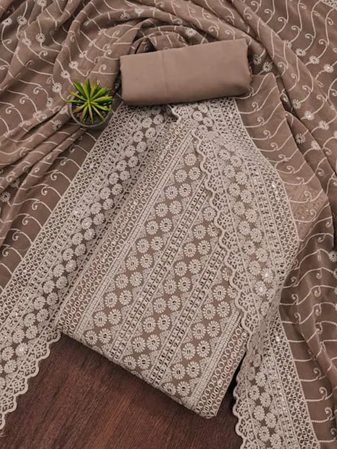 

BlissFlair Floral Embroidered Sequinned Geogrette Unstitched Dress Material, Brown