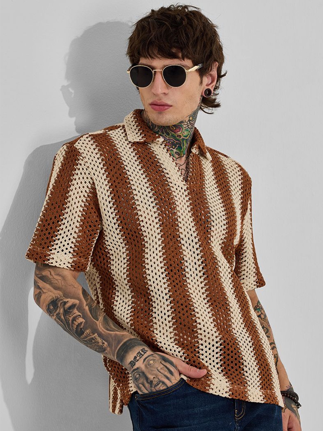 

Snitch Men Striped Polo Collar Boxy T-shirt, Orange