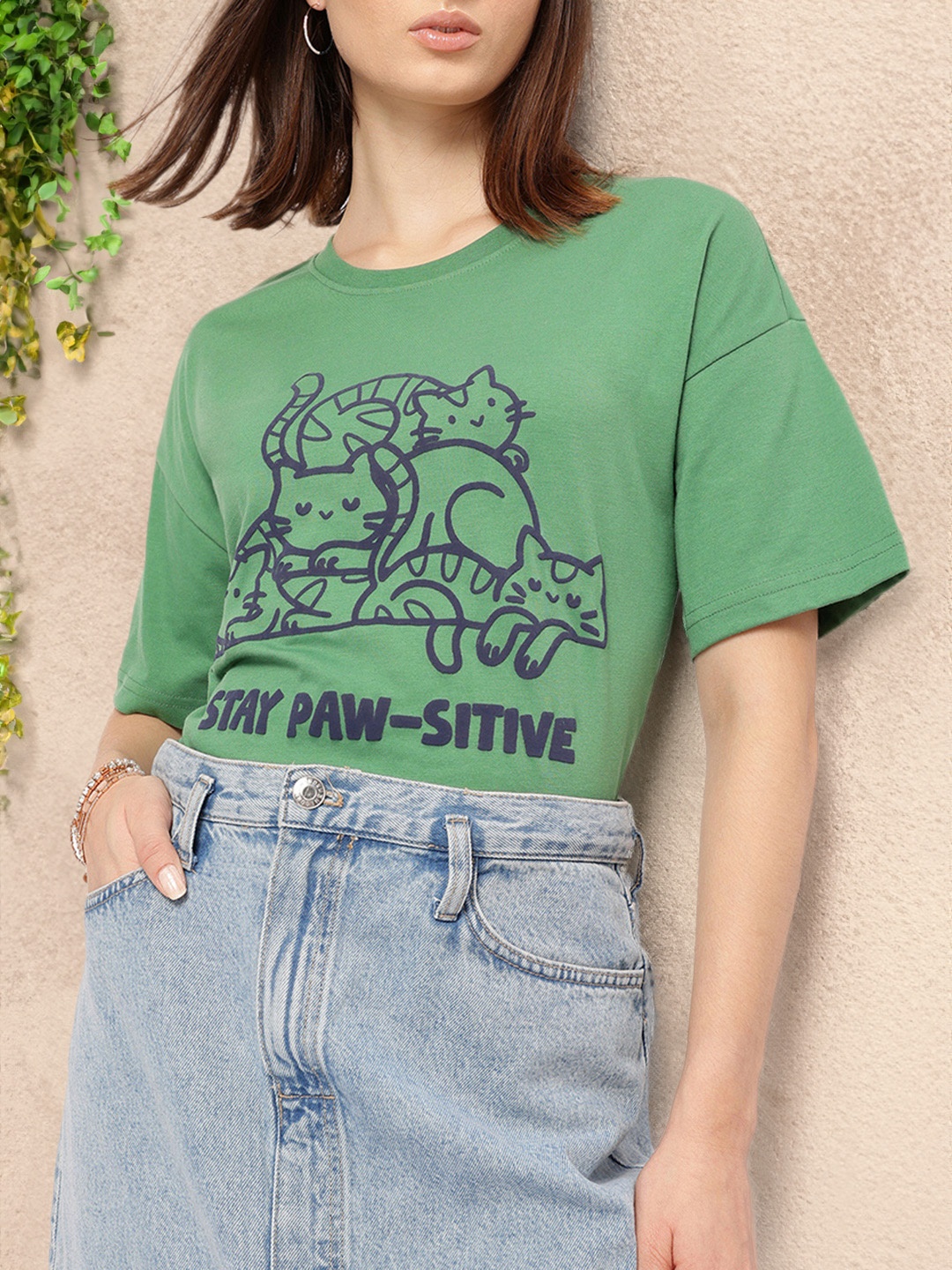 

DressBerry Paw-sitivity Chronicles Printed Relaxed Fit T-shirt, Green
