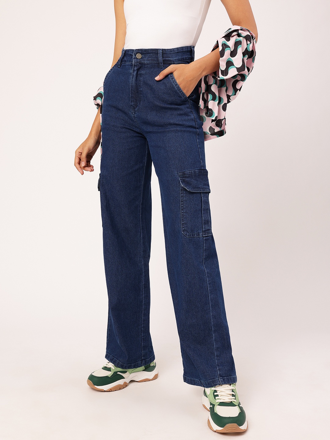 

DressBerry Women Flare Flex Bell Bottom High-Rise Cargo Style Jeans, Navy blue