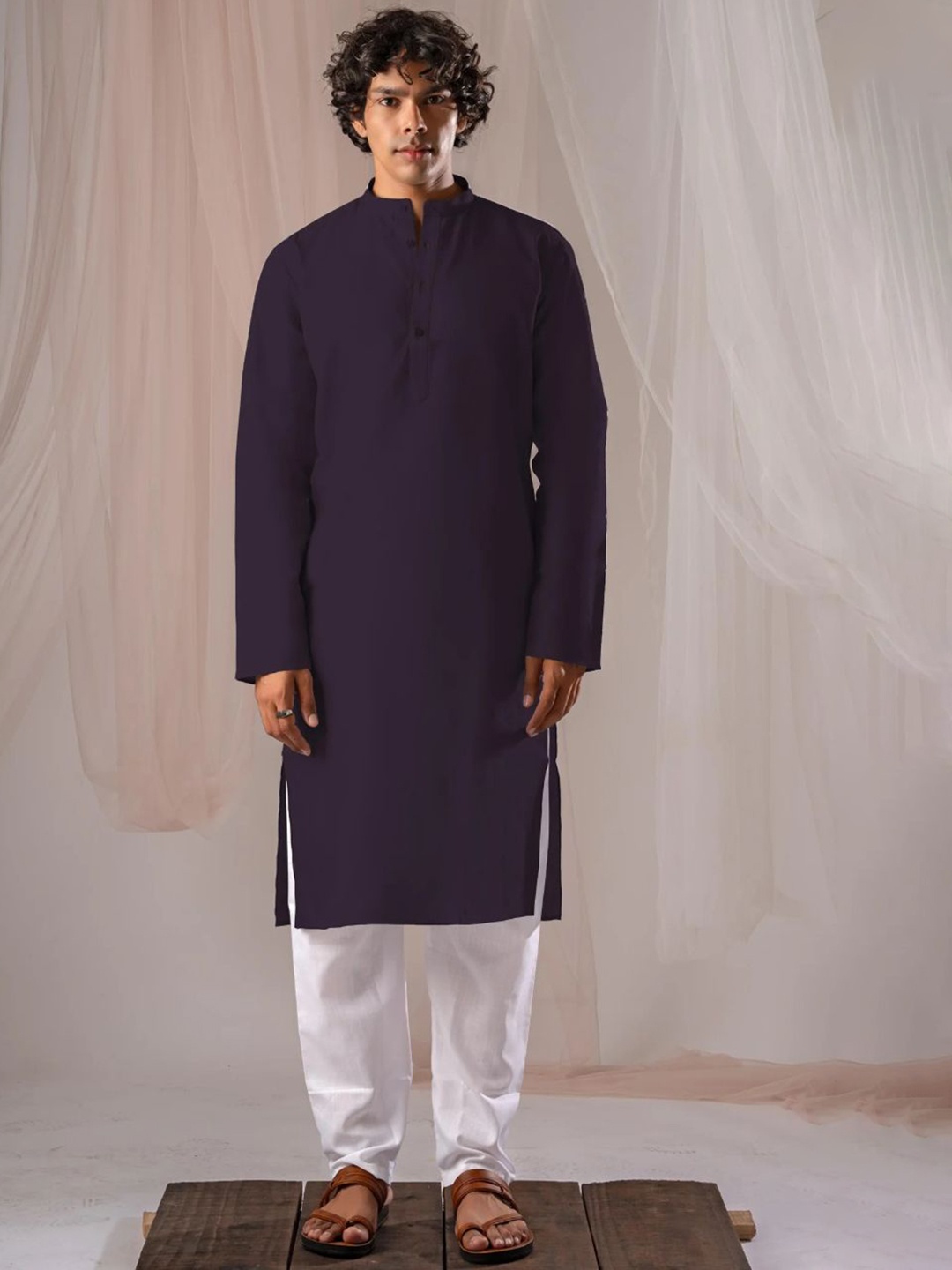 

5 Stitch Mandarin Collar Straight Linen Kurta, Violet