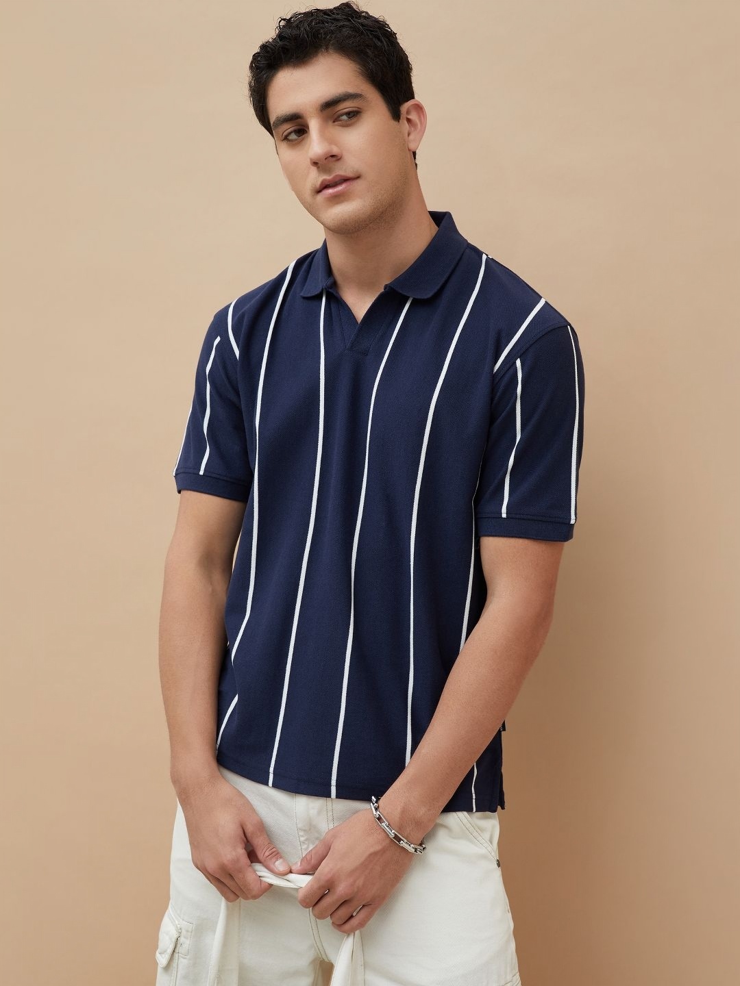 

Fame Forever by Lifestyle Men Striped Polo Collar Pockets T-shirt, Blue