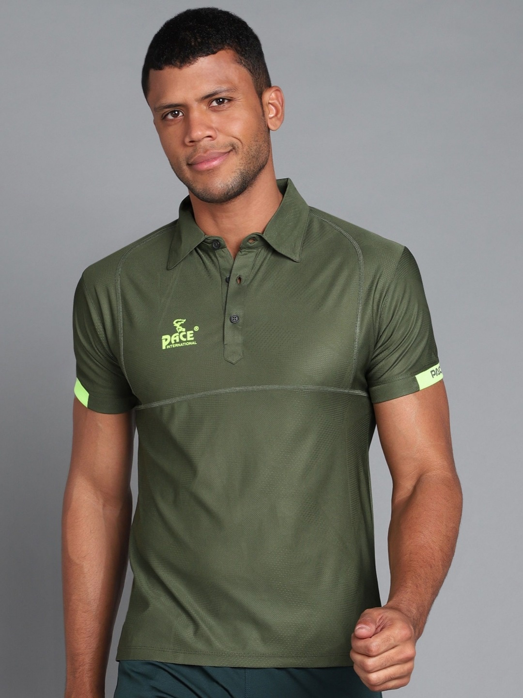 

Pace International Men Polo Collar Applique T-shirt, Olive