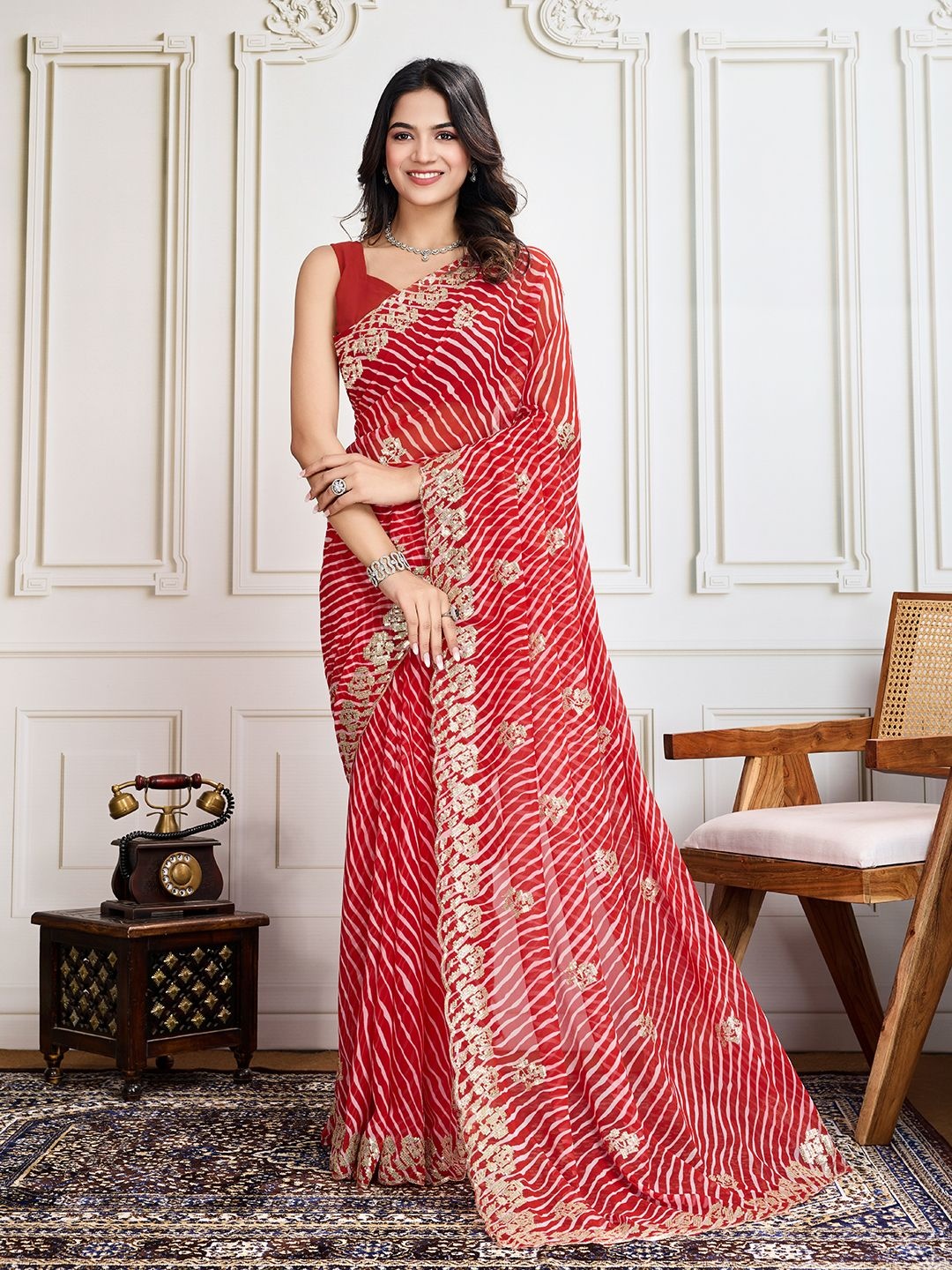 

House Of Pataudi Red Georgette Printed Work Saree With Blouse