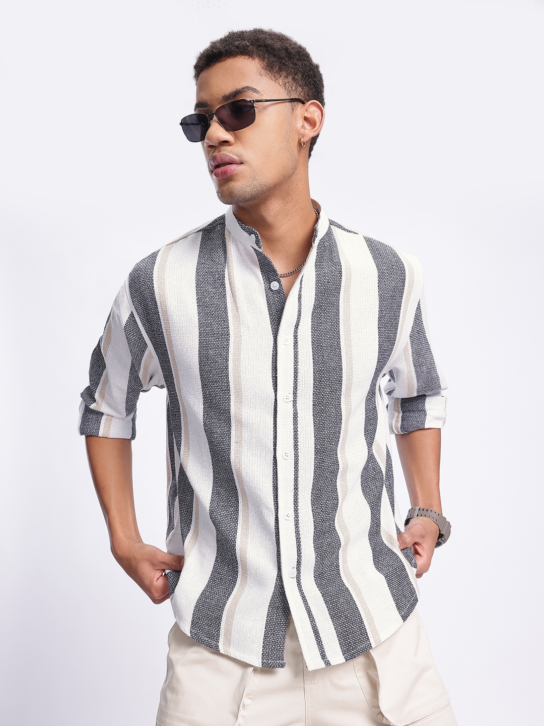 

glitchez Tweed Look Vacanza Vibes Striped & Relaxed Shirt, White