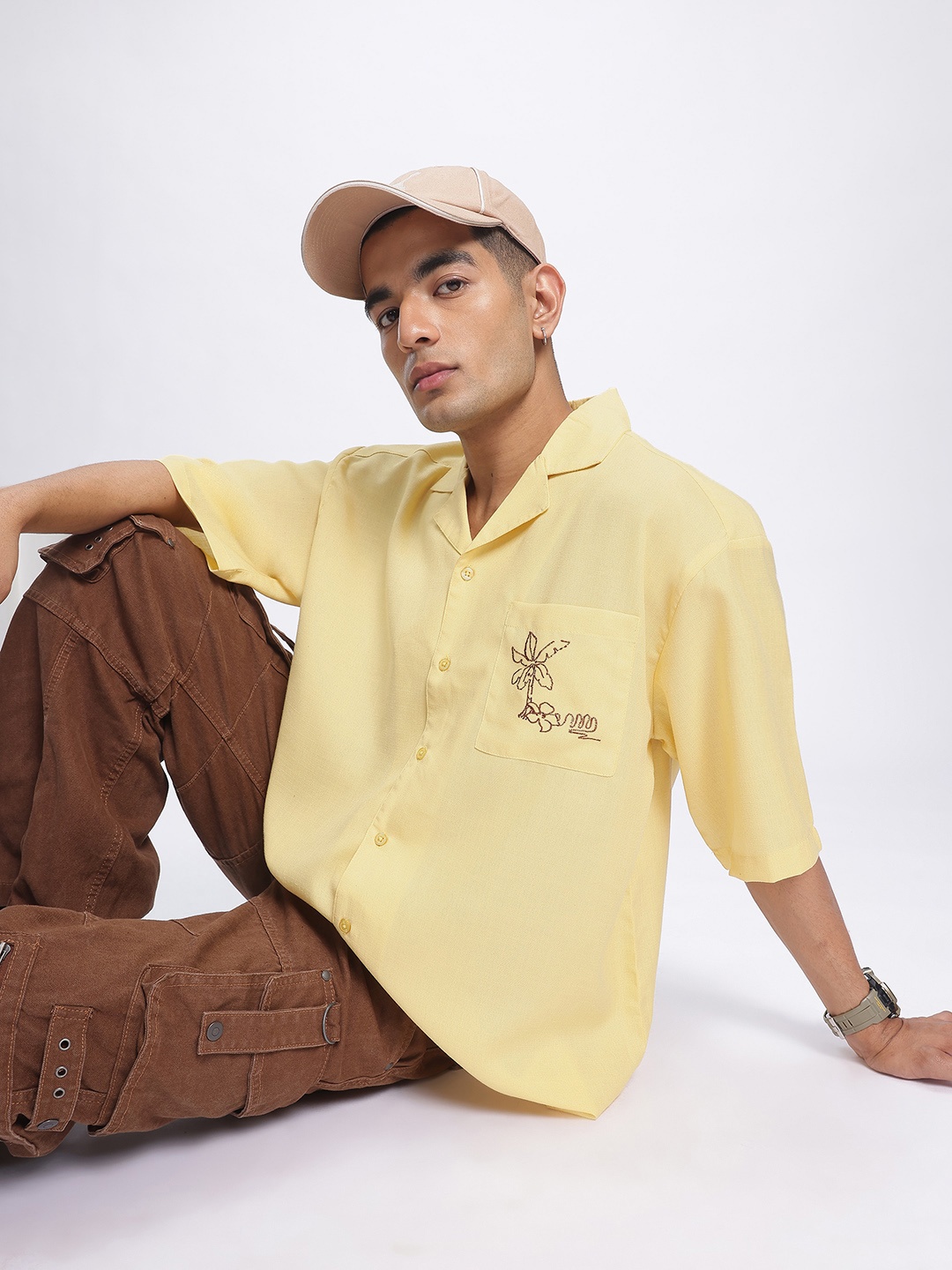 

glitchez Dapper Dreams Cuban Collar Relaxed Fit Shirt, Yellow