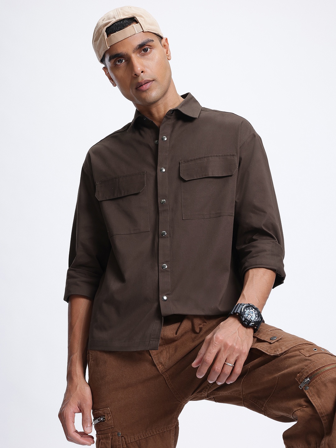 

glitchez Luxe Tones Pocket Detail Oversized Shirt, Brown