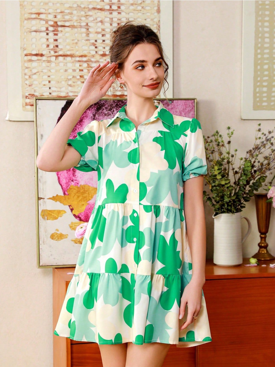 

Sugathari Floral Print Ruffled A-Line Midi Dress, Green