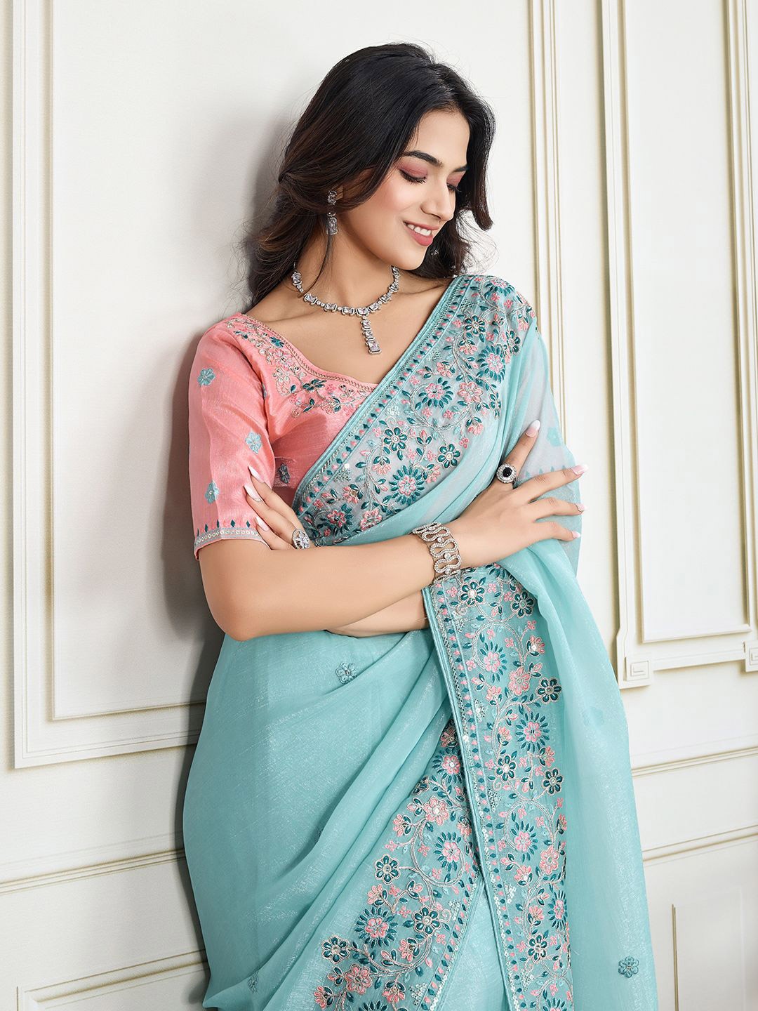 

House of Pataudi Embroidered Work Saree With Blouse Piece, Olive