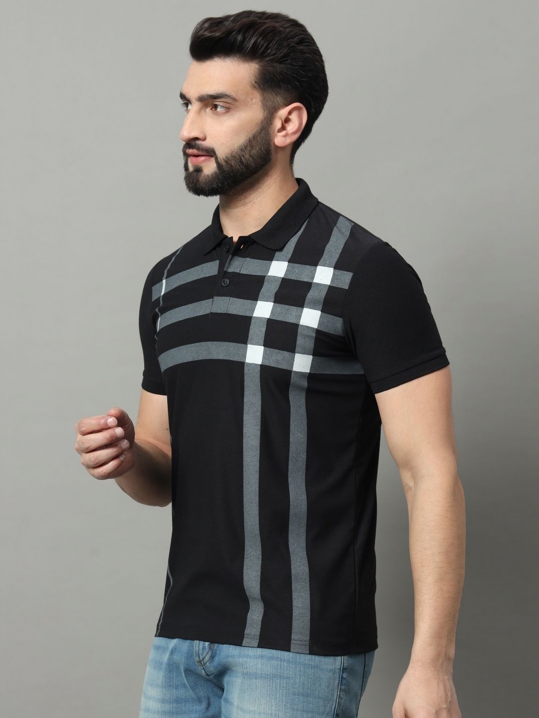 

OGEN Men Printed Polo Collar Pockets T-shirt, Black