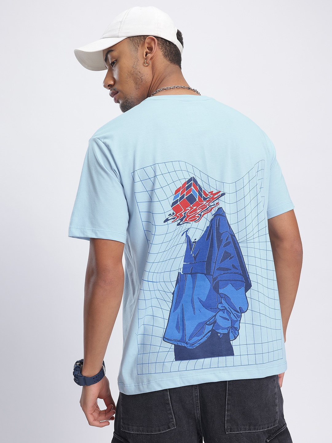 

glitchez Hustle Canvas Printed Oversized T-shirt, Blue