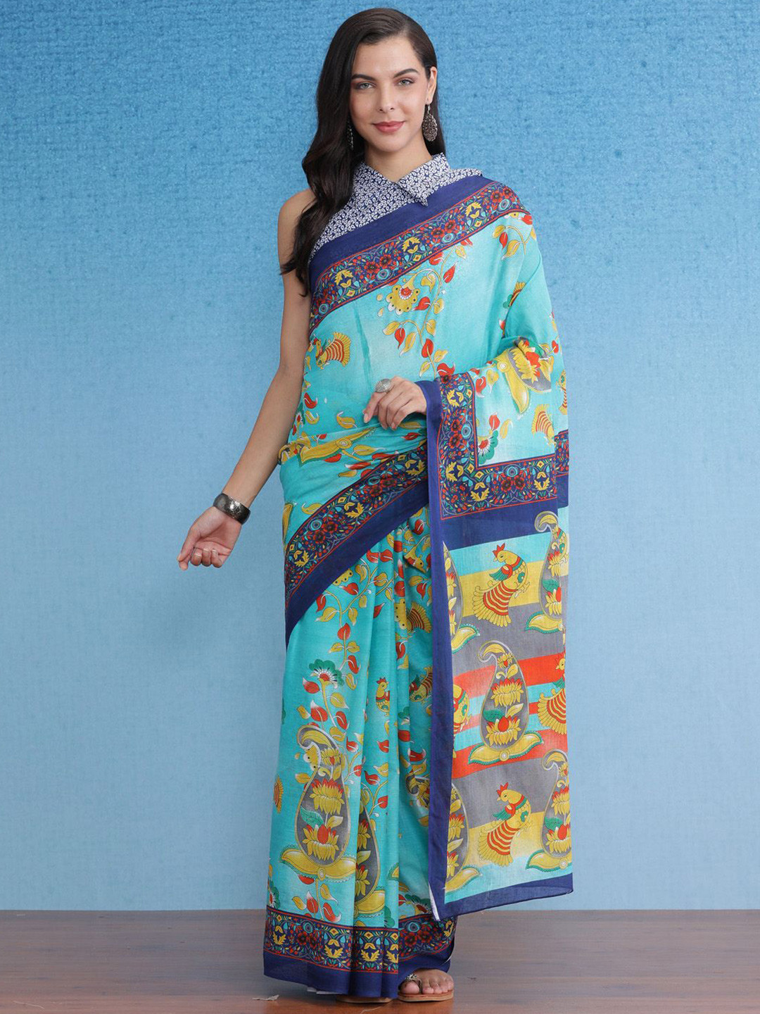 

Anouk Rustic Kalamkari Bagru Saree, Blue