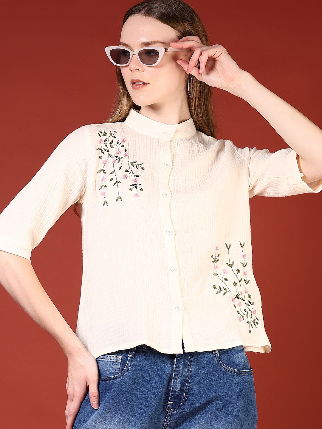 

V-Mart Floral Mandarin Collar Cotton Top, White