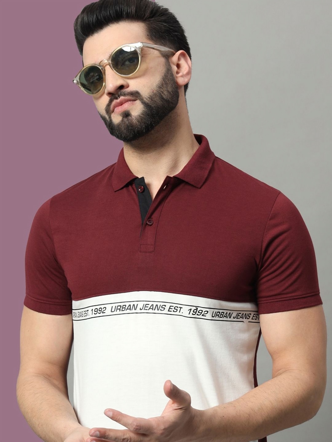 

OGEN Men Colourblocked Polo Collar Raw Edge T-shirt, Maroon