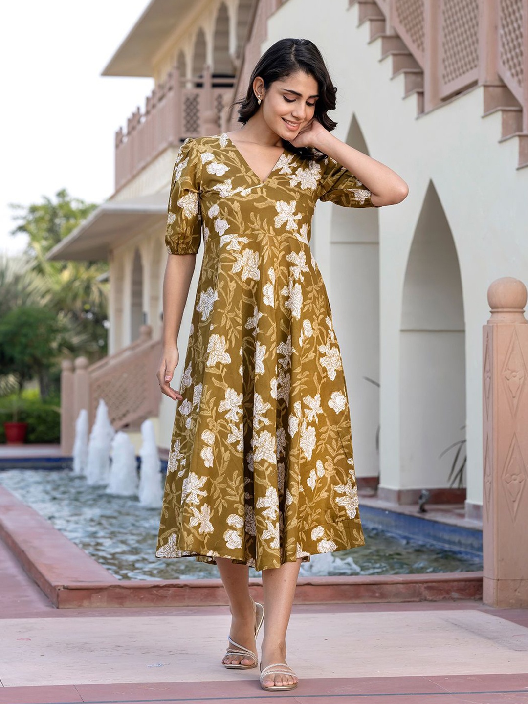 

KALINI Floral Print Puff Sleeve Fit & Flare Midi Dress, Green