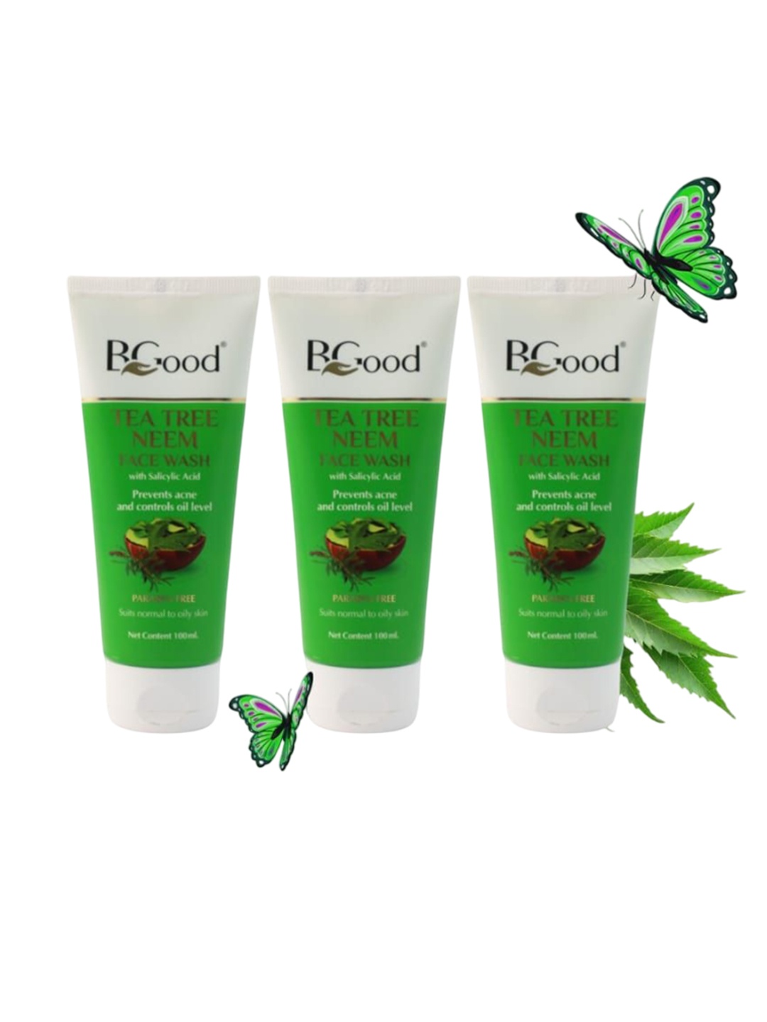 

Bgood Set Of 3 Tea Tree Neem Face Wash With Salicylic Acid - 100 ml Each, Green
