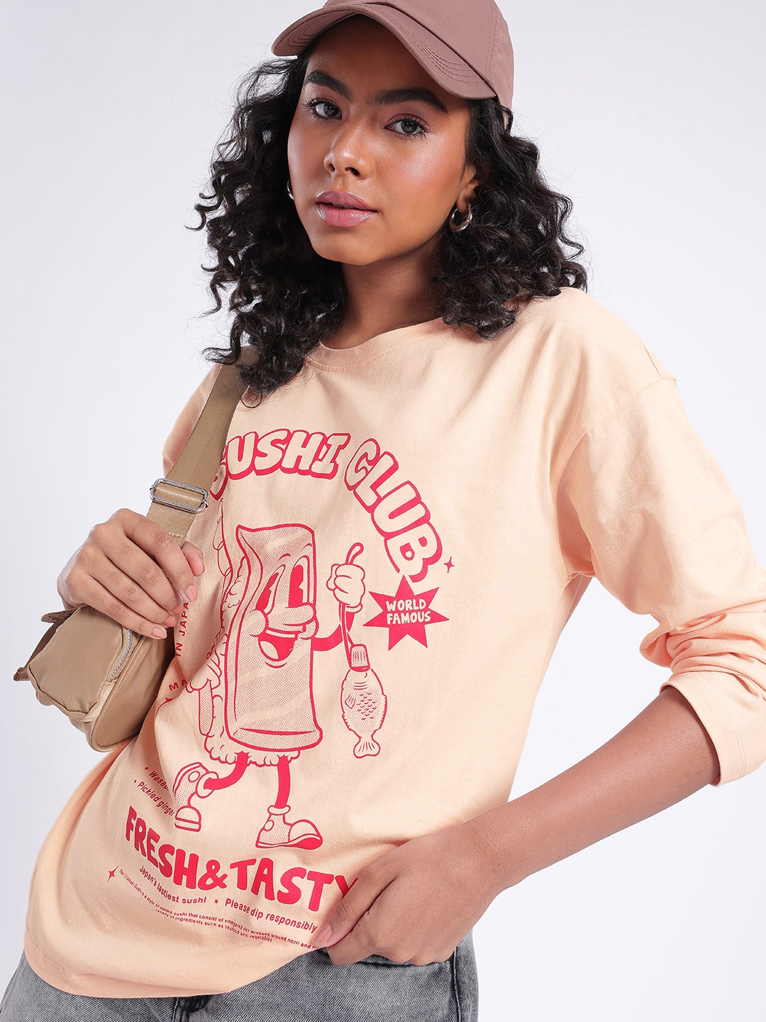 

DressBerry Foodie Urban Aesthetic Printed Oversized T-shirt, Peach