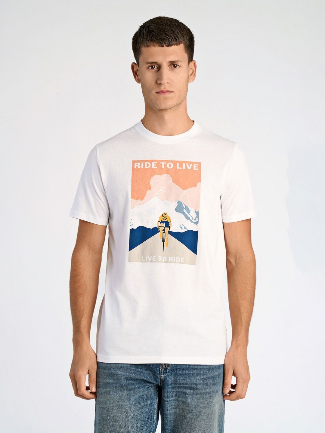

LINDBERGH Men Printed Pure Cotton Applique T-shirt, White