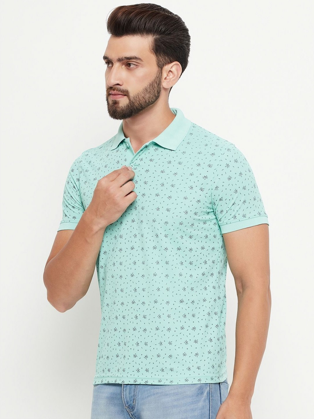 

OGEN Men Printed Polo Collar Pockets T-shirt, Sea green