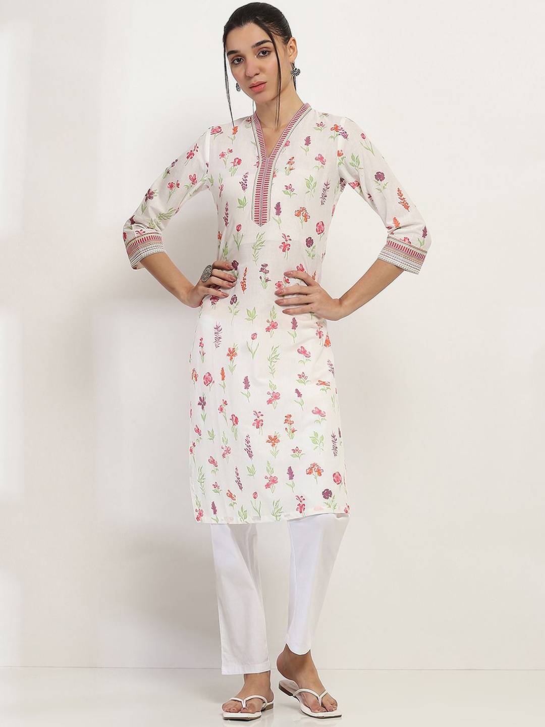 

Rangriti Floral Printed V-Neck Cotton Straight Kurta, White