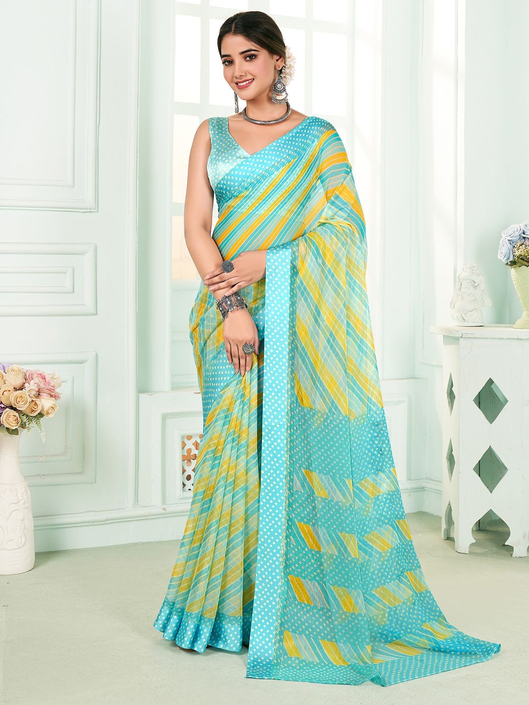 

Mitera Leheriya Pure Chiffon Designer Leheriya Saree, Blue