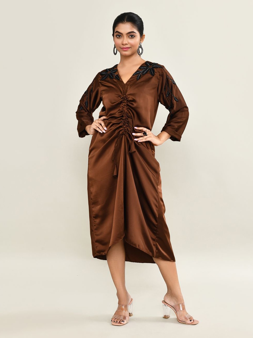 

The Maple Embellished Satin Maxi Dress, Brown