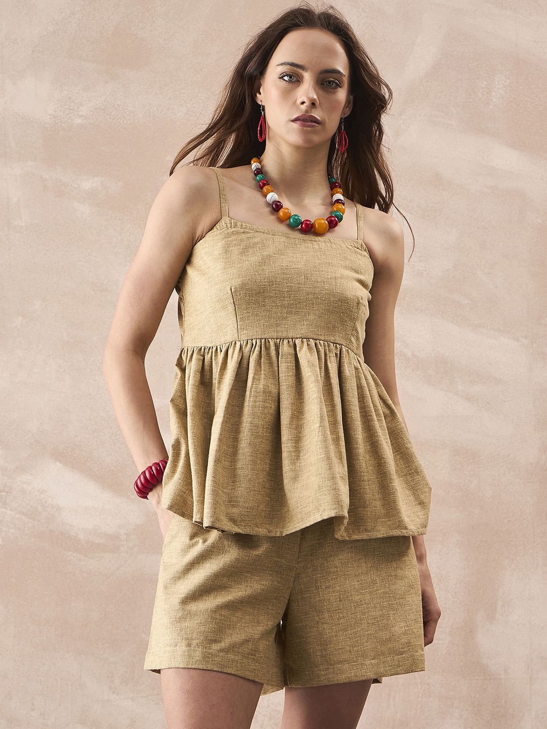 

InWeave Shoulder Straps Linen Top & Shorts, Khaki