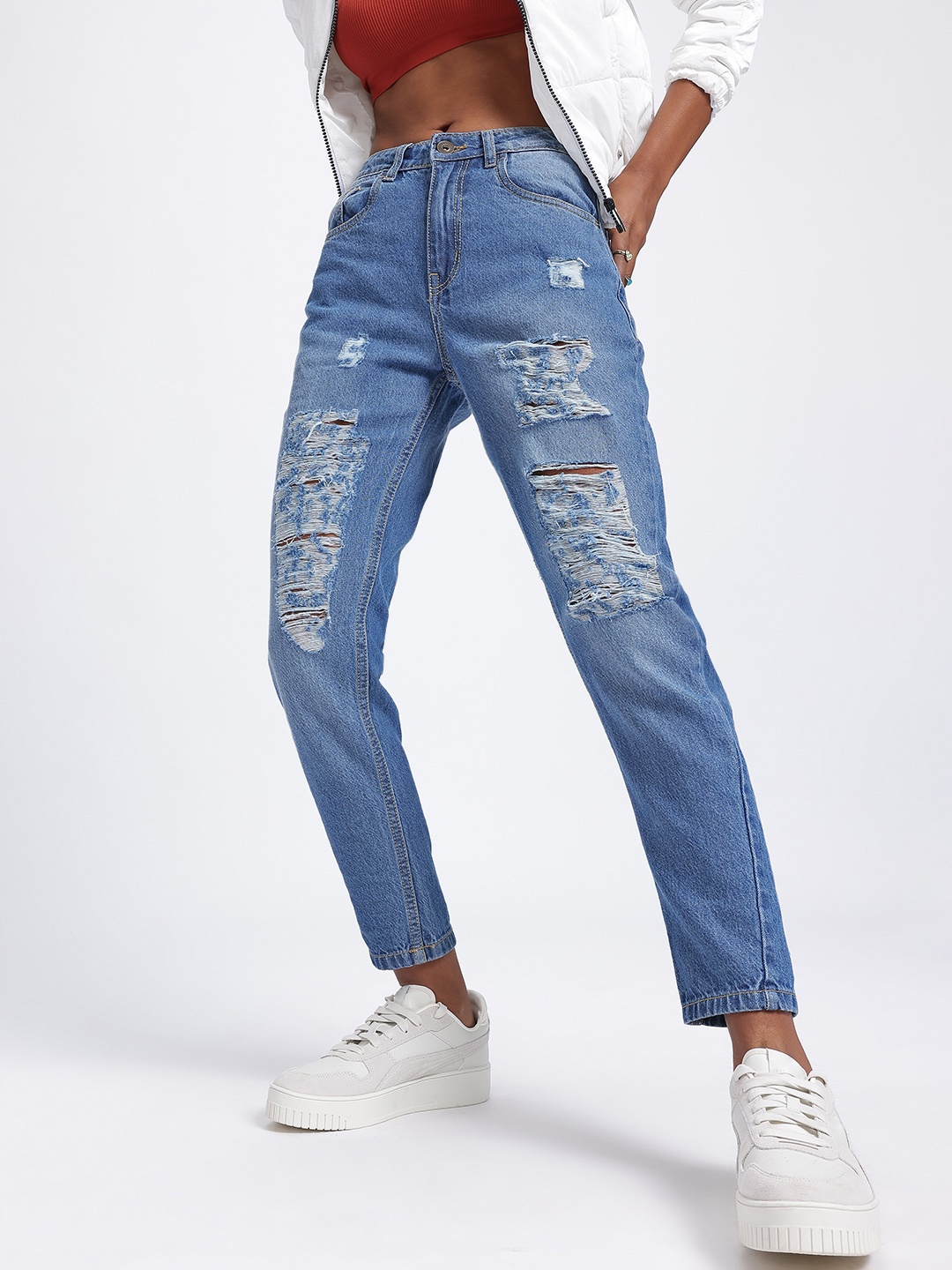 

glitchez Women Distressed Doze Mom Fit Jeans, Blue