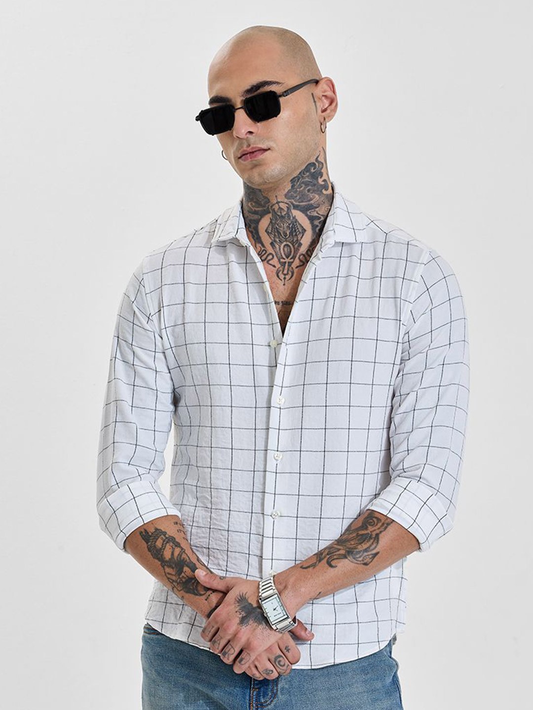 

Snitch Men Slim Fit Opaque Checked Formal Shirt, White