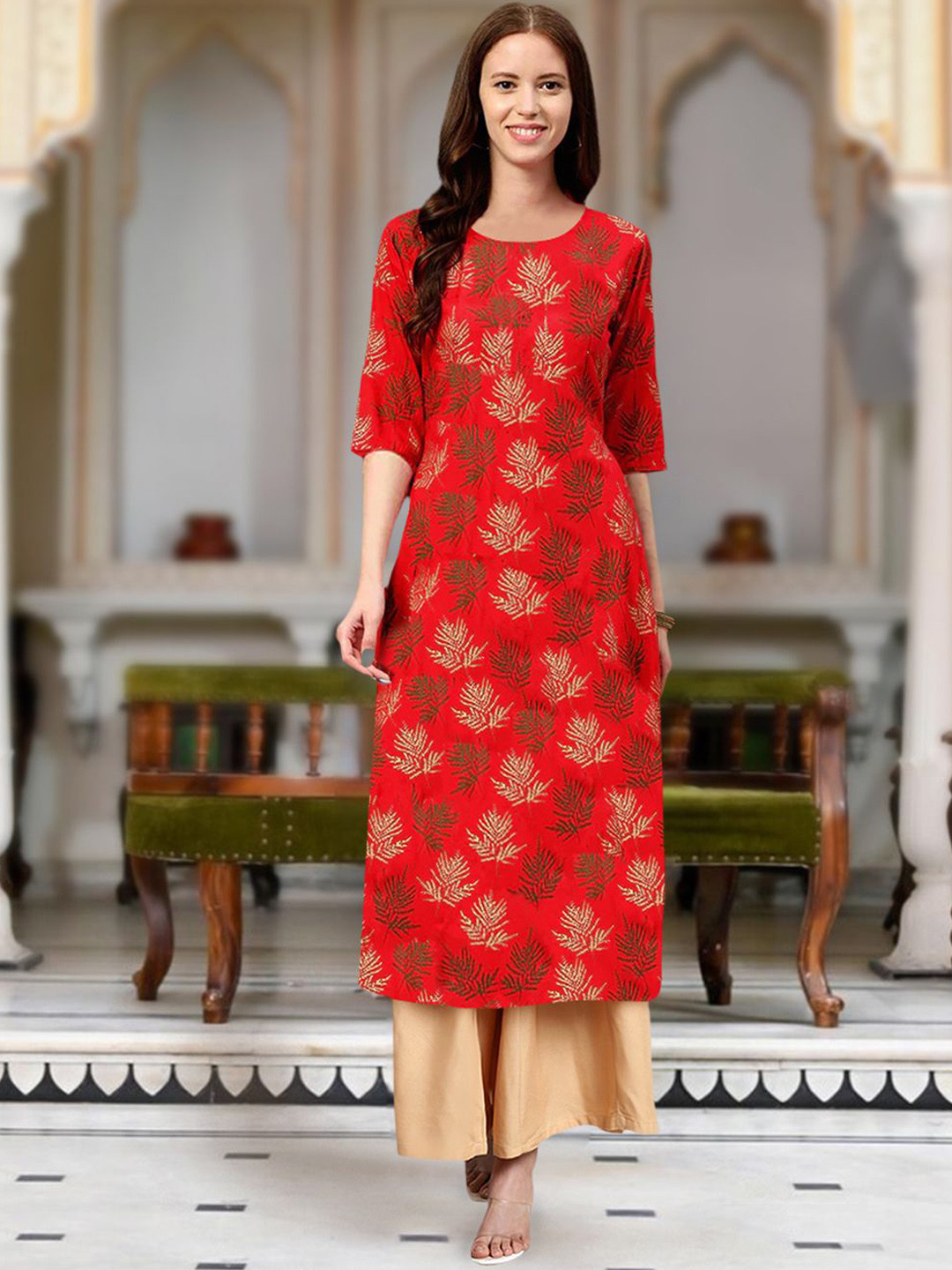 

Moda Rapido Floral Printed Round Neck Straight Kurta, Red
