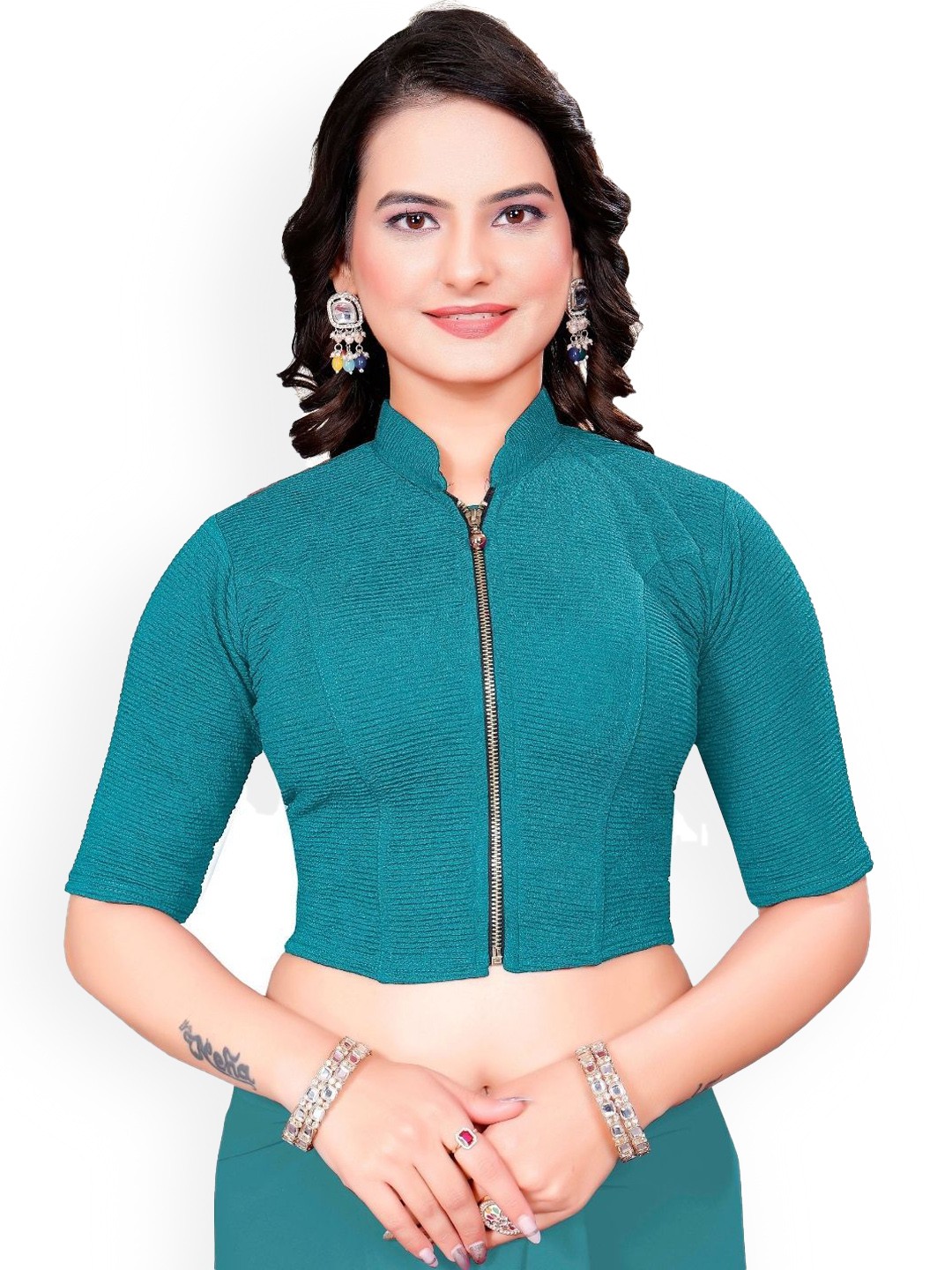 

SS Sanket Synthetics High Neck Front Full Zip Blouse, Turquoise blue