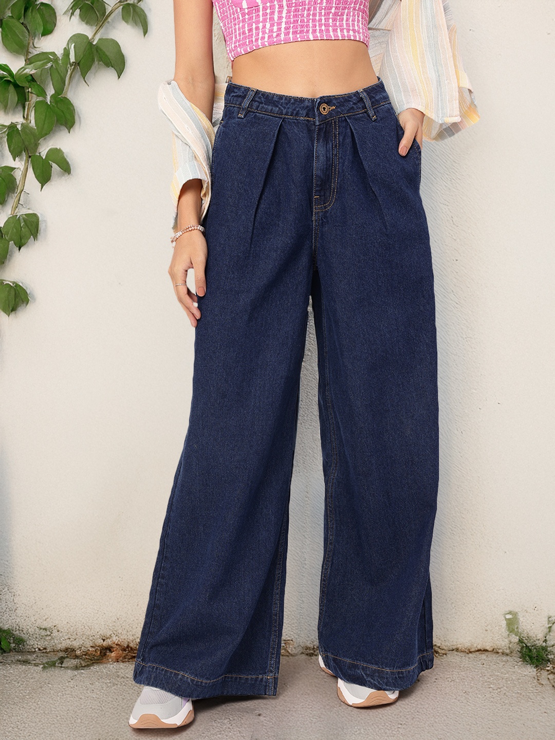 

DressBerry Women Chill Classic Denim Pure Cotton Palazzo Fit Jeans, Navy blue