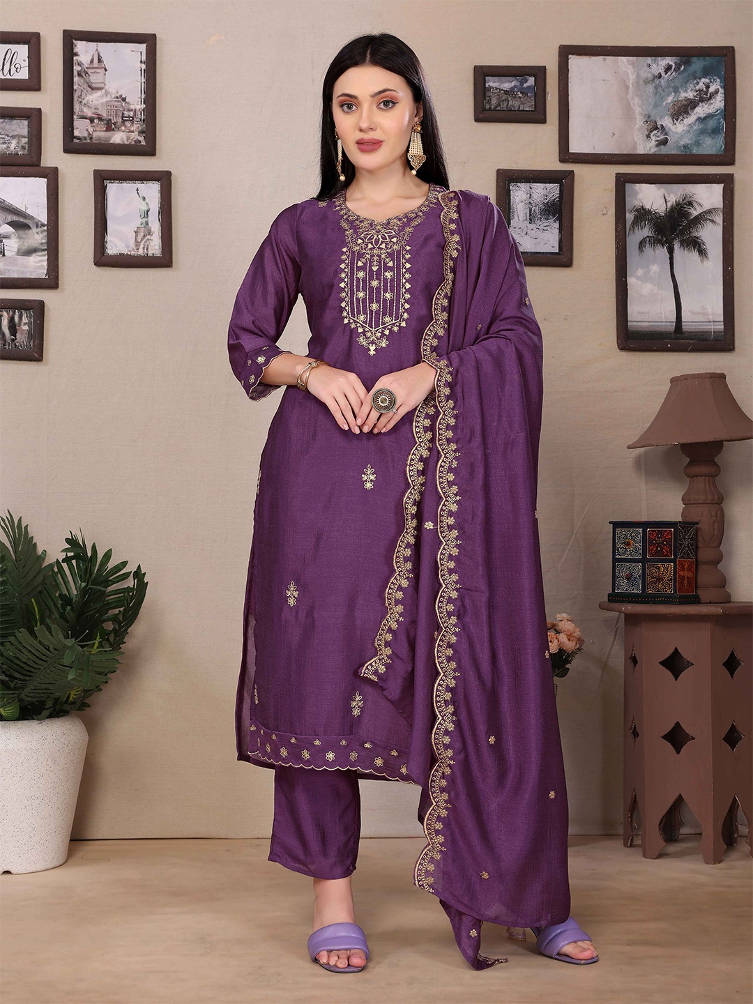 

SUNDARNAARI Women Embroidered Regular Kurta with Trousers & With Dupatta, Purple