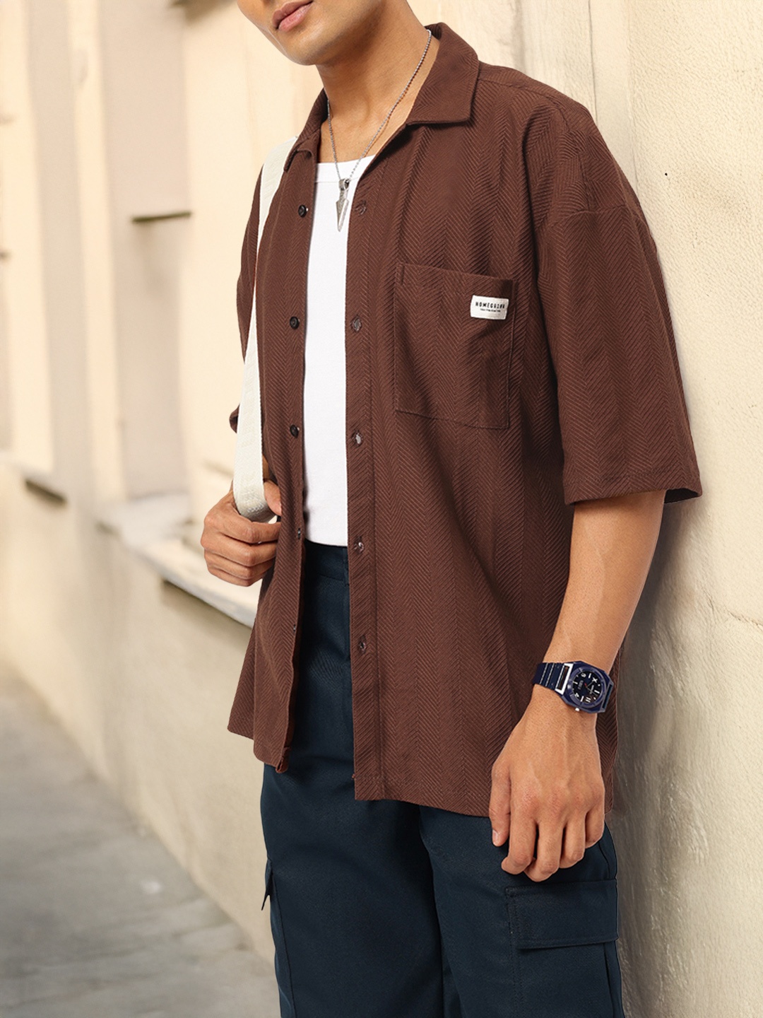 

Kook N Keech Knit Flex Textured Oversized Shirt, Brown