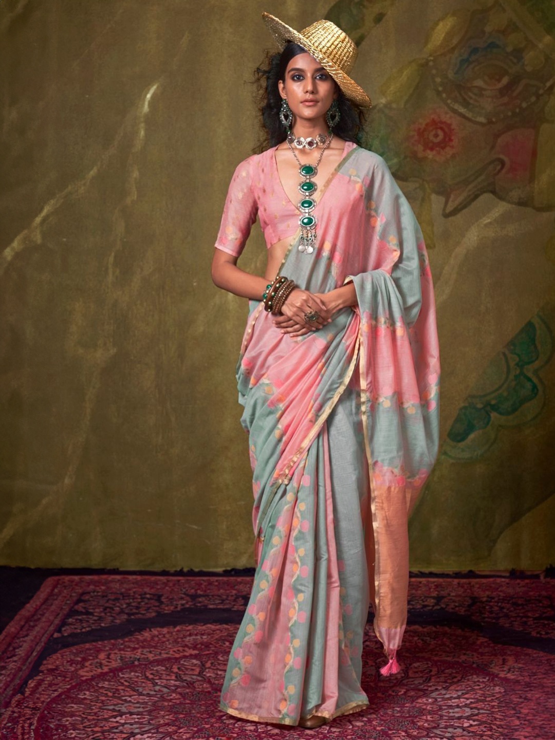 

DEVATITHI Pink & Grey Spun Rangkaat Handloom Weaving Saree