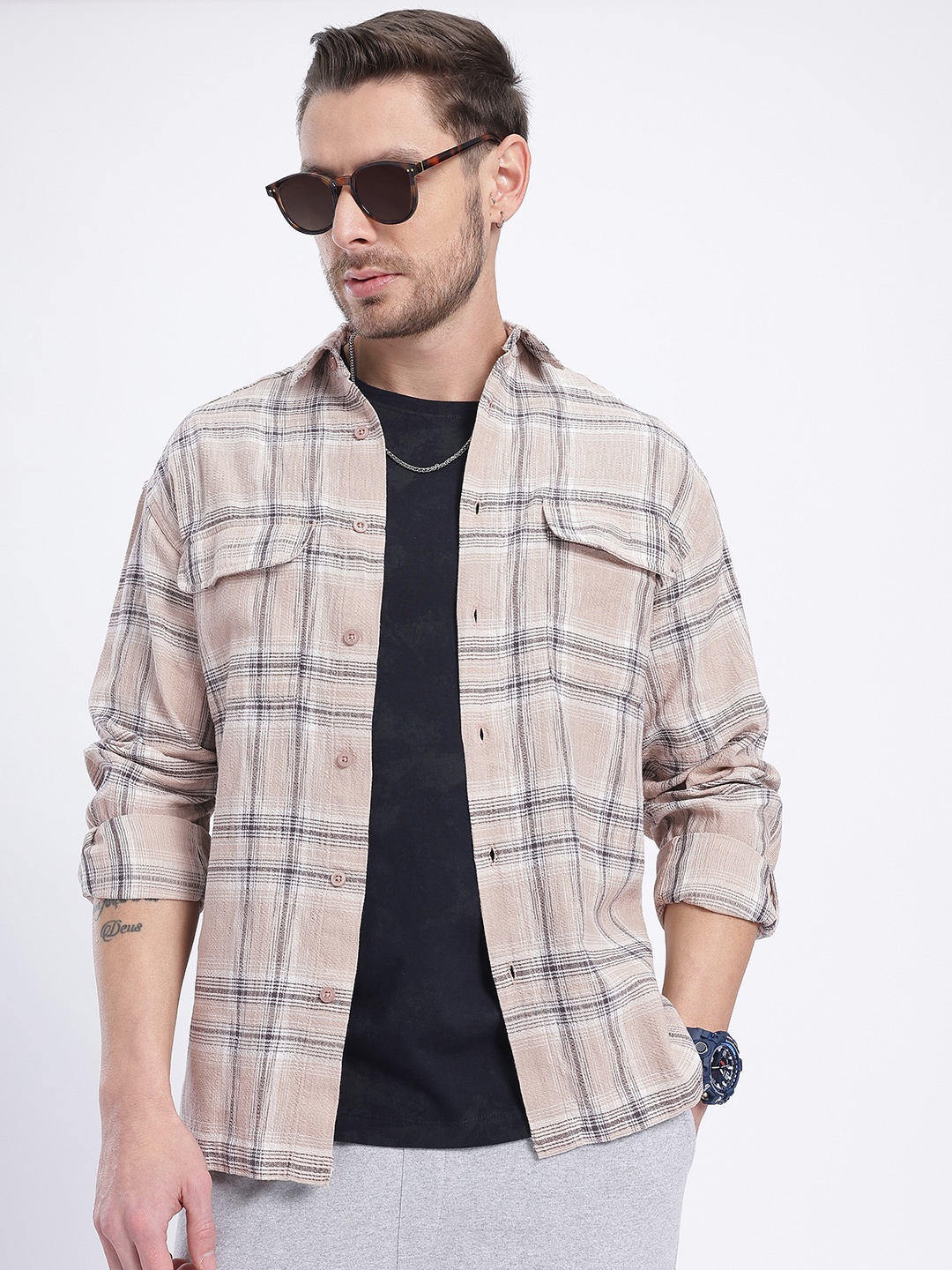 

glitchez Textured Motion Tartan Checked Relaxed Shirt, Beige