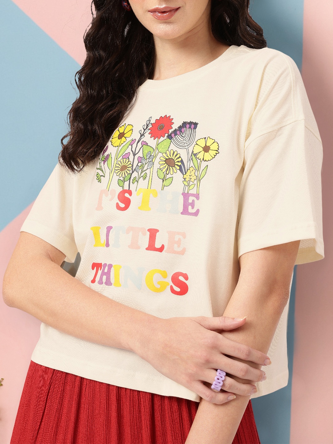 

DressBerry Little Gems Of Happiness Printed Boxy T-shirt, Off white