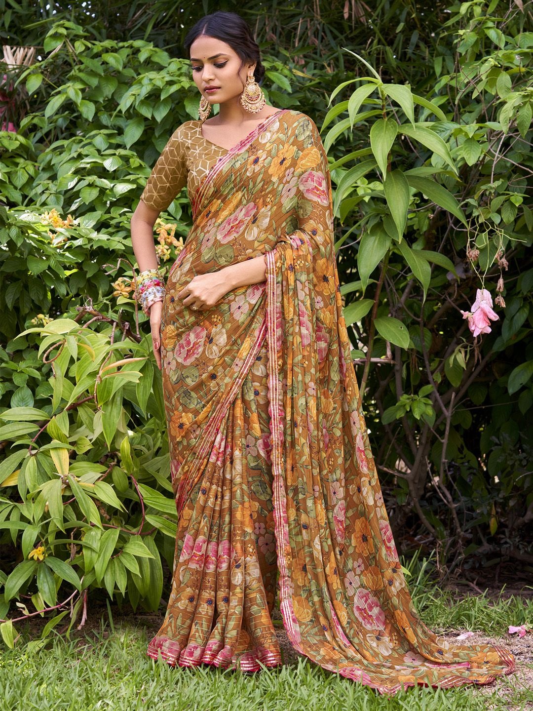 

Mitera Floral Sequinned Pure Chiffon Saree, Camel brown