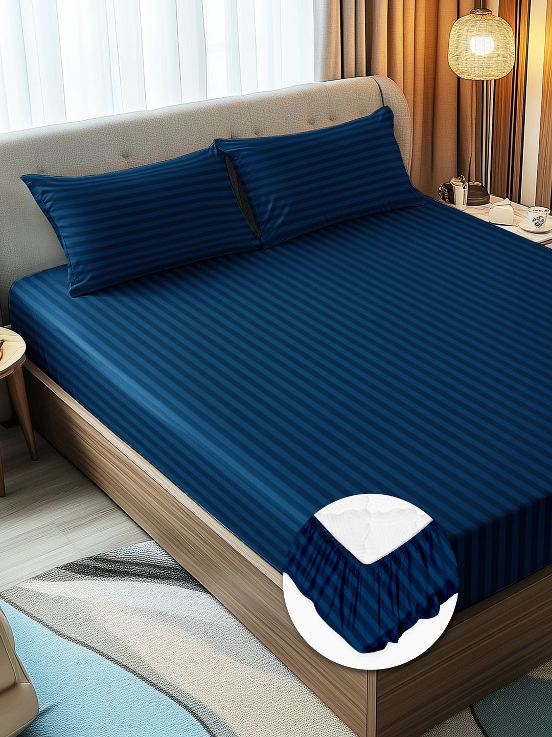 

Story@home Navy Blue Striped Microfiber 300 TC Queen Fitted Bedsheet Set-2.20mX2.40m