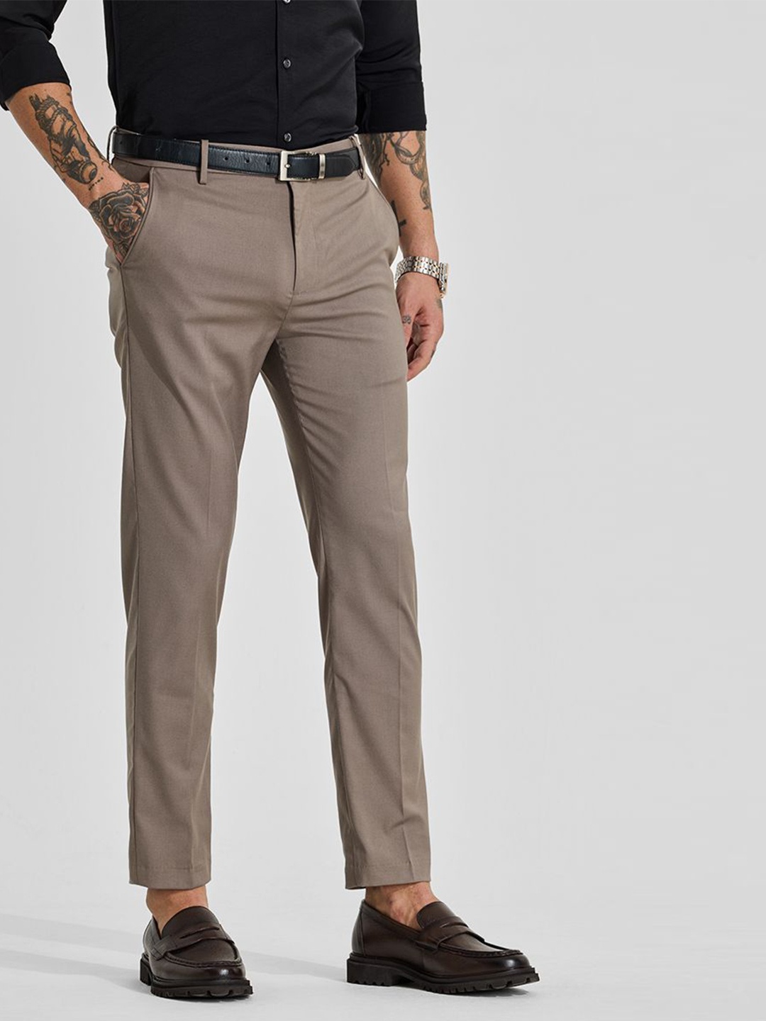

Snitch Men Mid-Rise Slim Fit Formal Trousers, Taupe