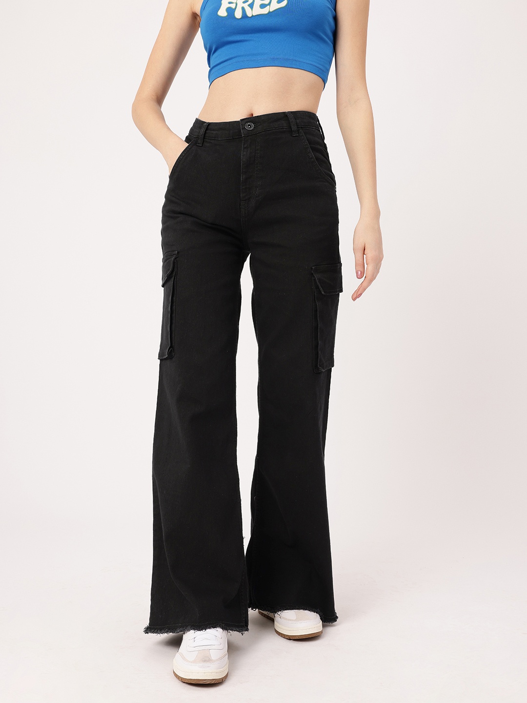 

The Roadster Life Co. Women Grunge Style Wide Leg Frayed Hem Cargo Style Jeans, Black