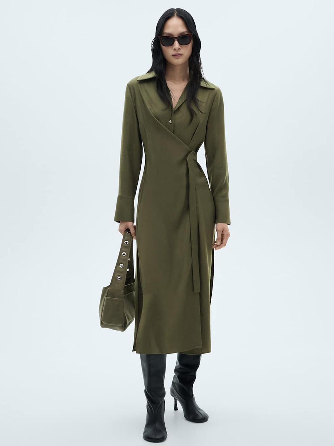 

MANGO Wrap Shirt Midi Dress, Olive